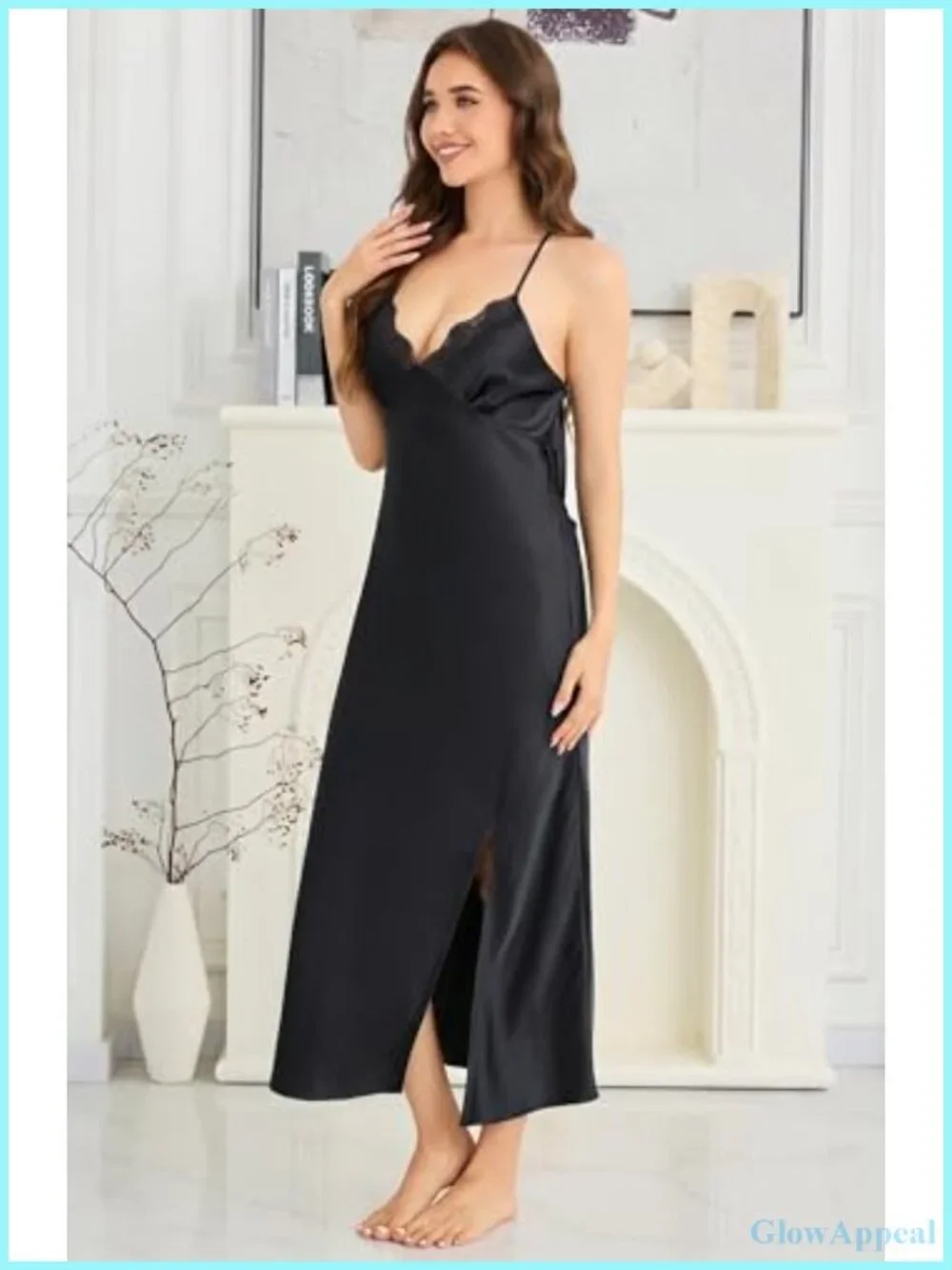 Silky Satin Lace V-Neck Backless Nightgown Slip Dress Women Sleepwear